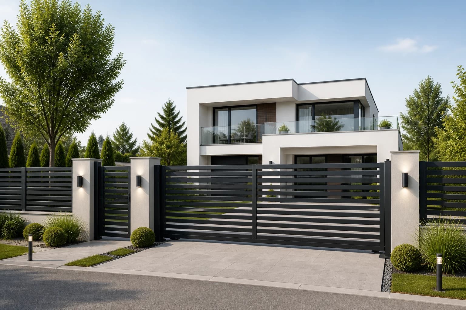 Modernes Haus mit Aluminiumzaun, Schiebetor und Glasgeländer